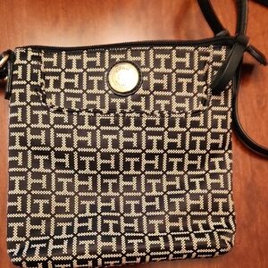Tommy Hilfiger Black and Cream Geometric Crossbody Bag